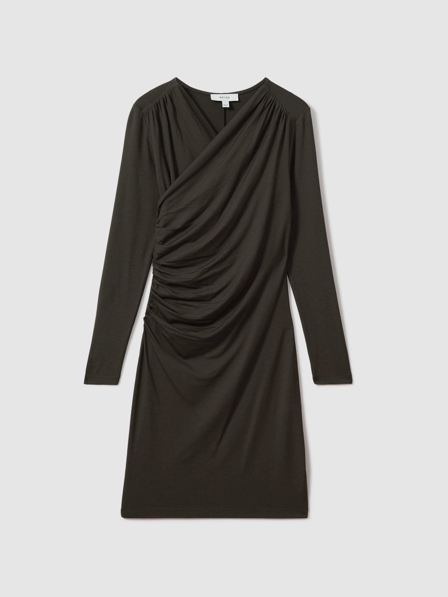 Wrap Front Ruched Jersey Mini Dress in Khaki Product Image