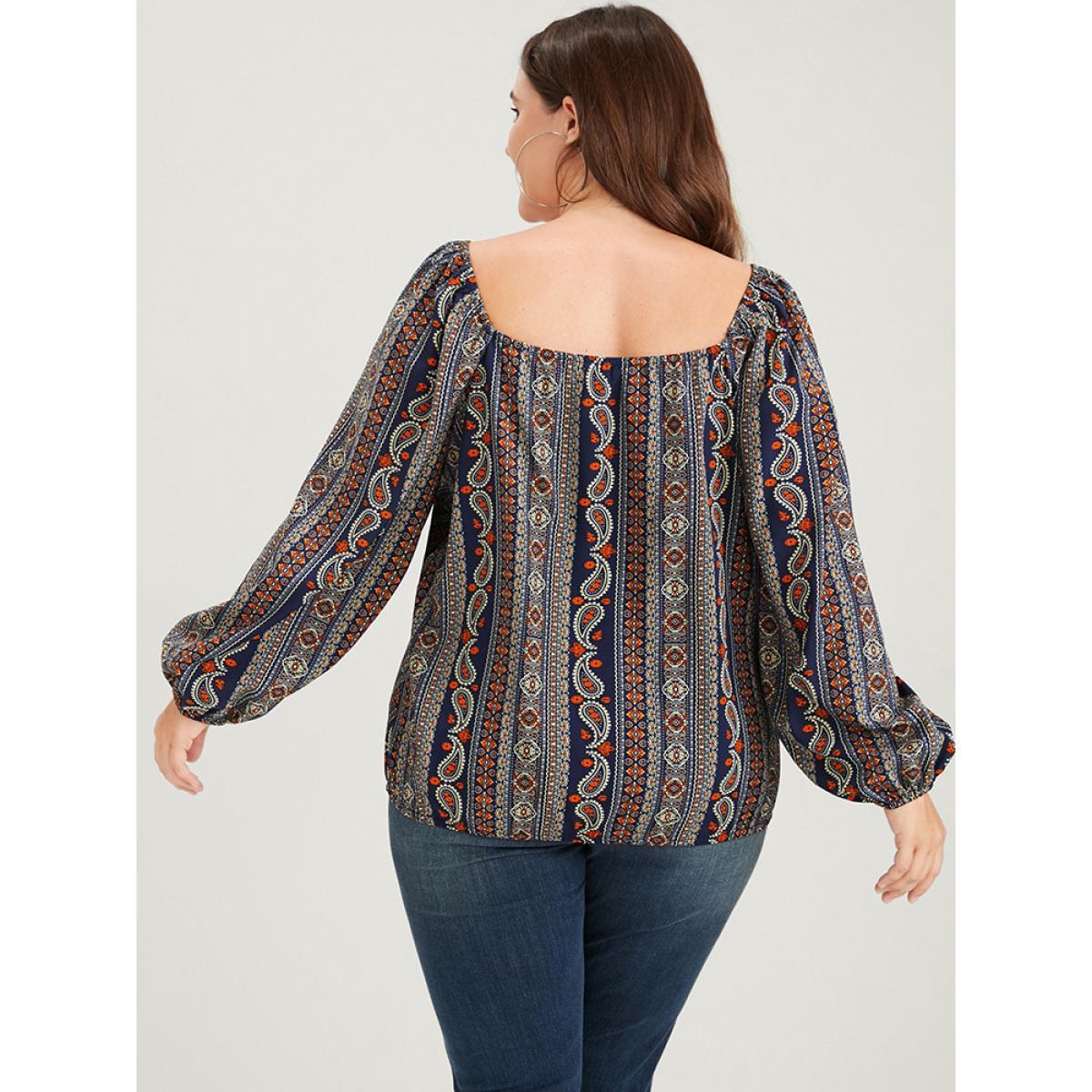Plus Size DarkBlue Bandana Striped Lantern Sleeve Button Backless Wrap Blouse Women Elegant Long Sleeve V-neck Dailywear Blouses BloomChic 12/L Product Image
