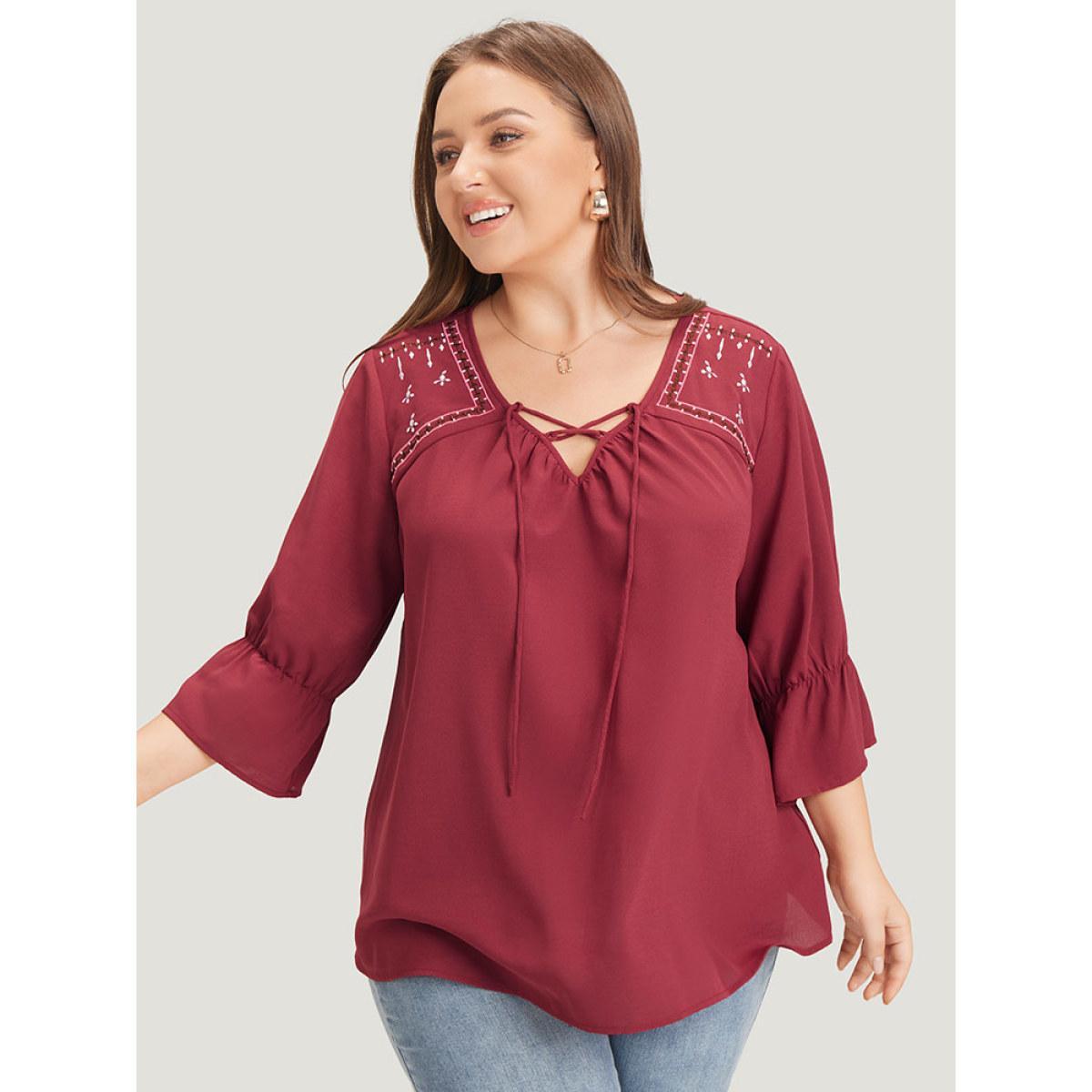 Plus Size Burgundy Plain Embroidered Lace Up Bell Sleeve Blouse Women Vacation Elbow-length sleeve V-neck Dailywear Blouses BloomChic 22-24/3X Product Image