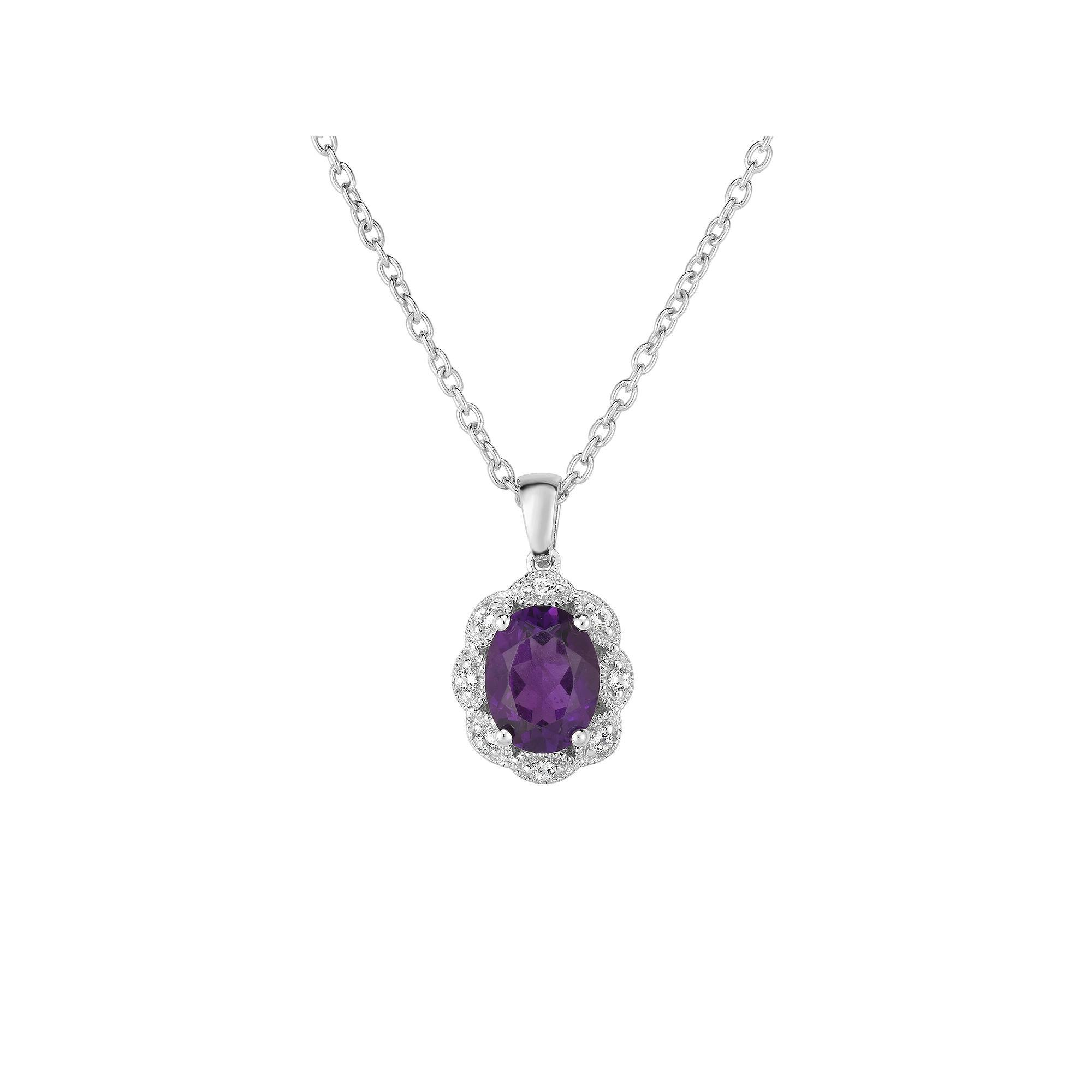 Sterling Silver Gemstone & White Topaz Oval Halo Pendant, Womens Purple Product Image