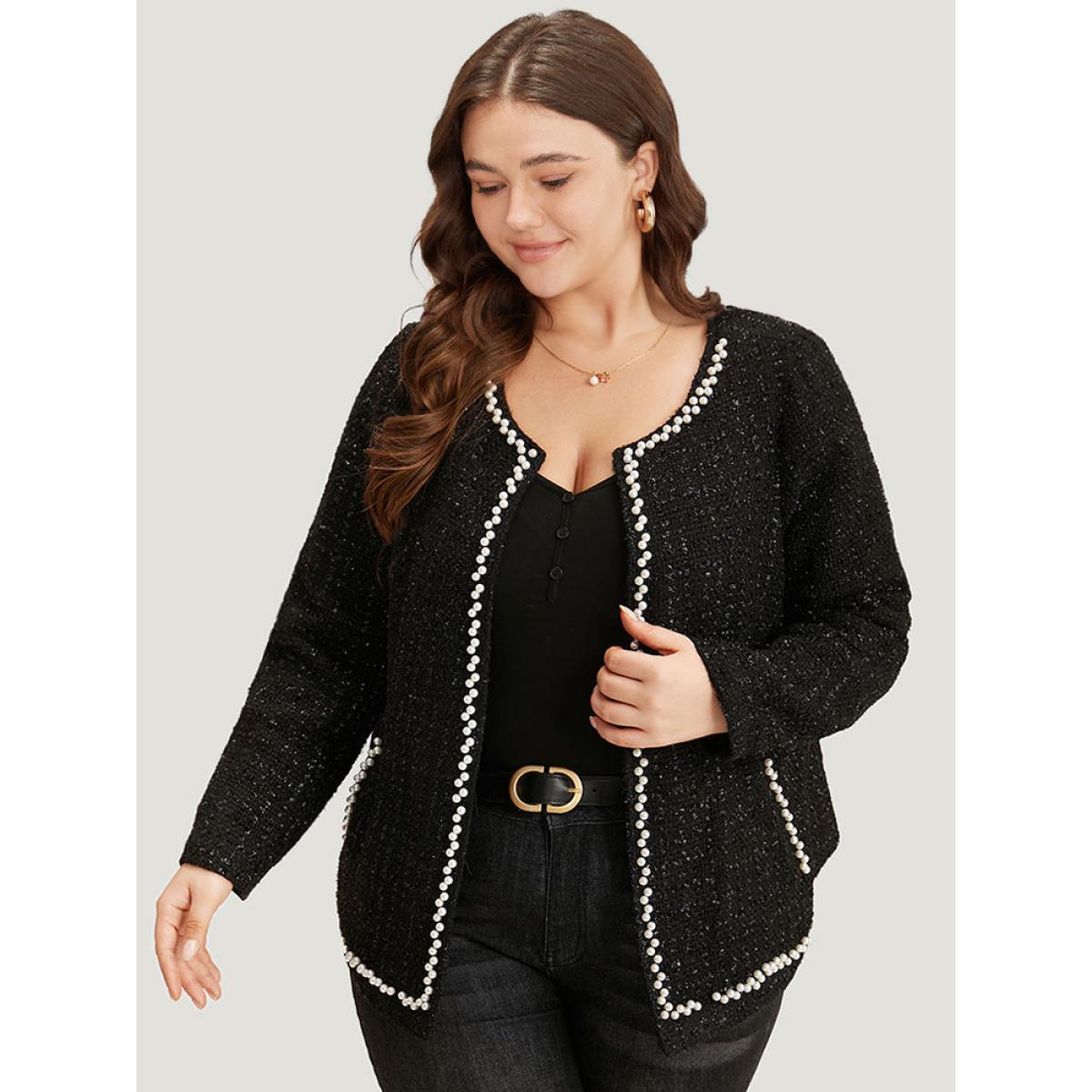 Plus Size Pearl Tweed Beaded Texture Pocket Blazer Women Black Elegant Texture Ladies Dailywear Winter Coats BloomChic 14-16/1X Product Image