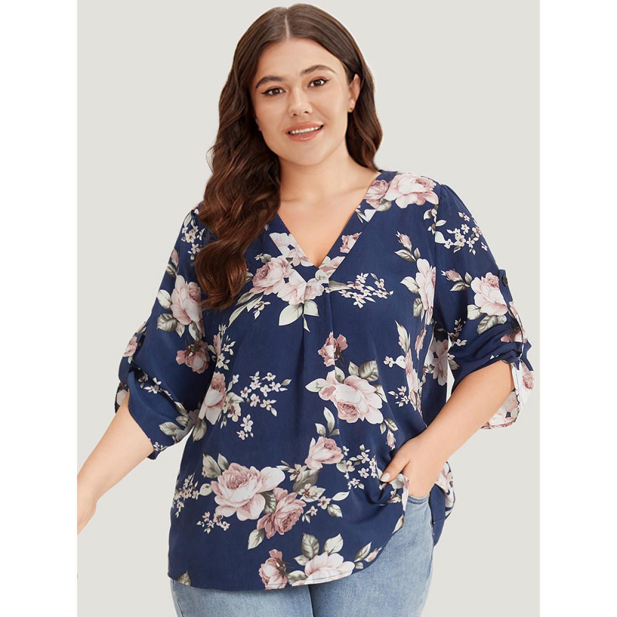 Plus Size Indigo Floral Print V Neck Plicated Detail Tab Sleeve Blouse Women Elegant Half Sleeve V-neck Dailywear Blouses BloomChic 12/L Product Image