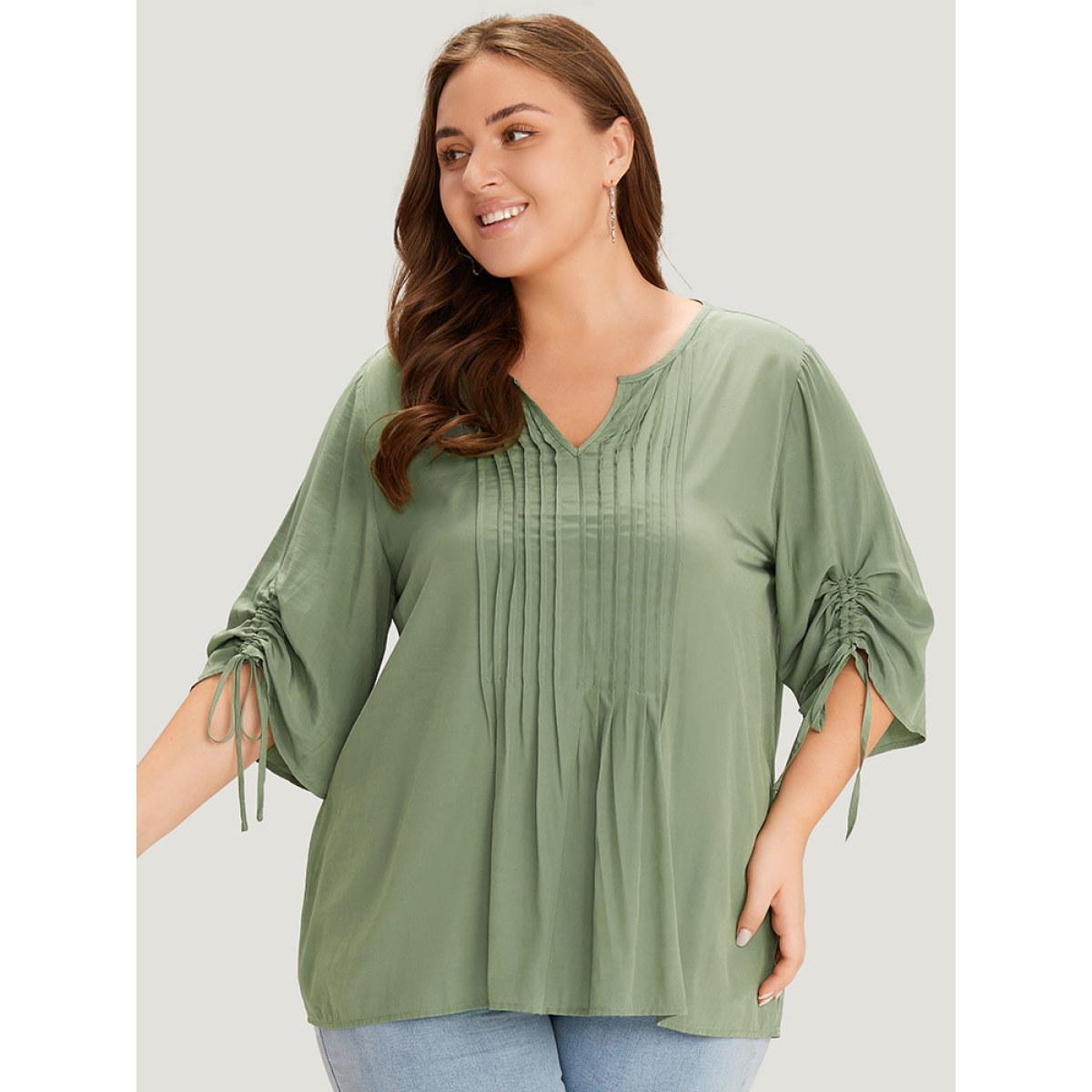 Plus Size Mint Supersoft Essentials Plain Notched Pleated Drawstring Blouse Women Office Half Sleeve Notched collar Work Blouses BloomChic 10/M Product Image