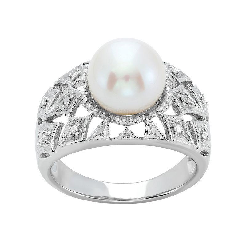 Freshwater Cultured Pearl and Diamond Accent Sterling Silver Openwork Ring, Women's, Size: 7, White Product Image