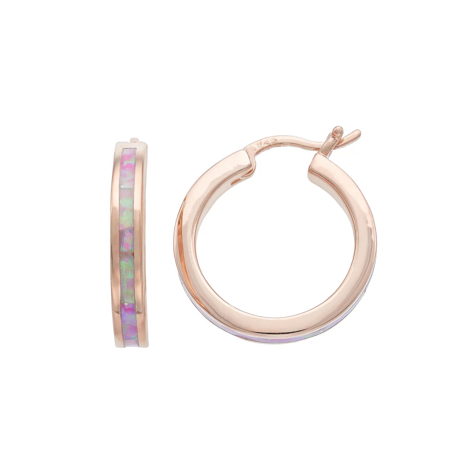 14k Rose Gold Over Silver Lab-Created Pink Opal Hoop Earrings, Women's, Pink Tone Product Image