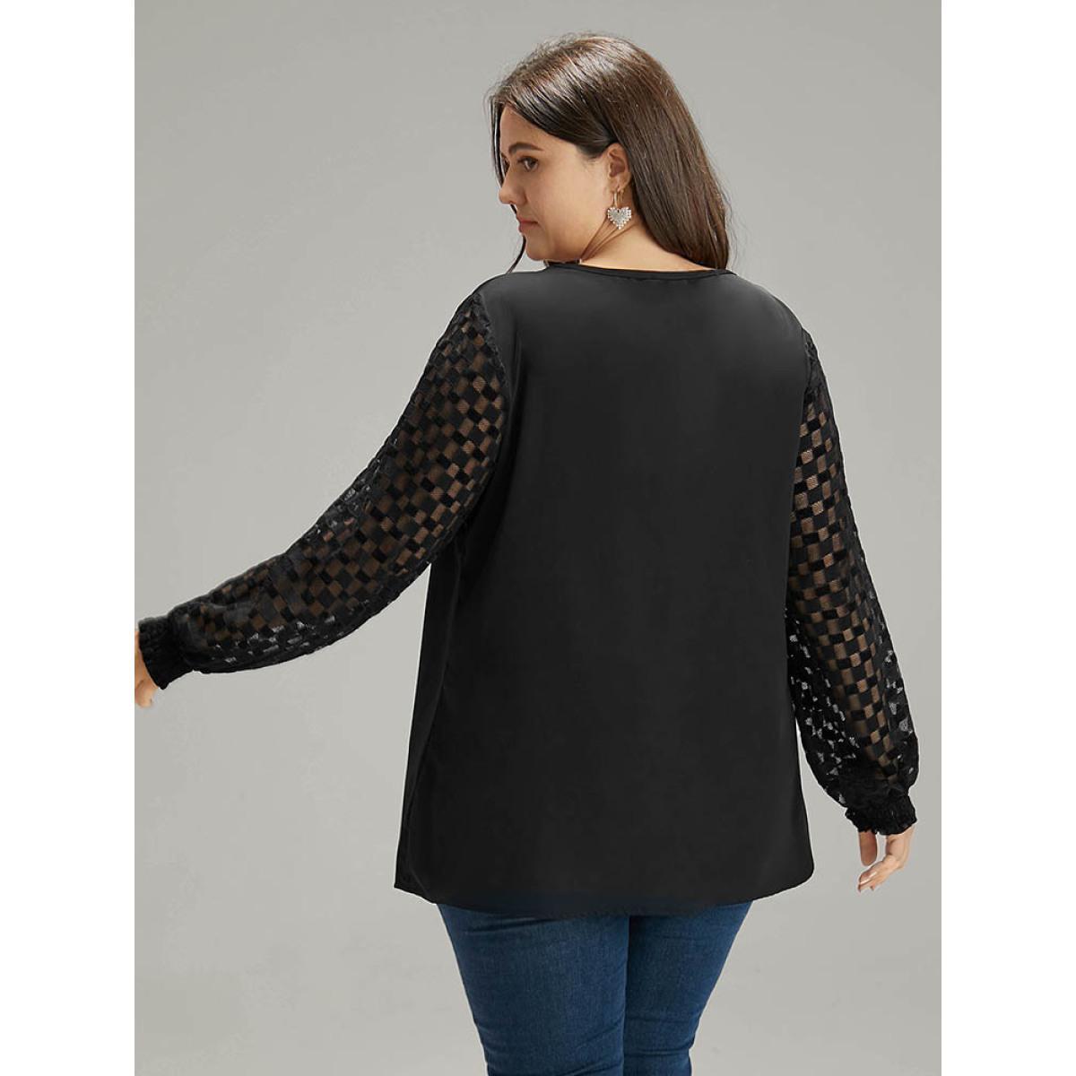 Plus Size Black Lace Panel V Neck Shirred Mesh Blouse Women Glamour Long Sleeve V-neck Going out Blouses BloomChic 14-16/1X Product Image