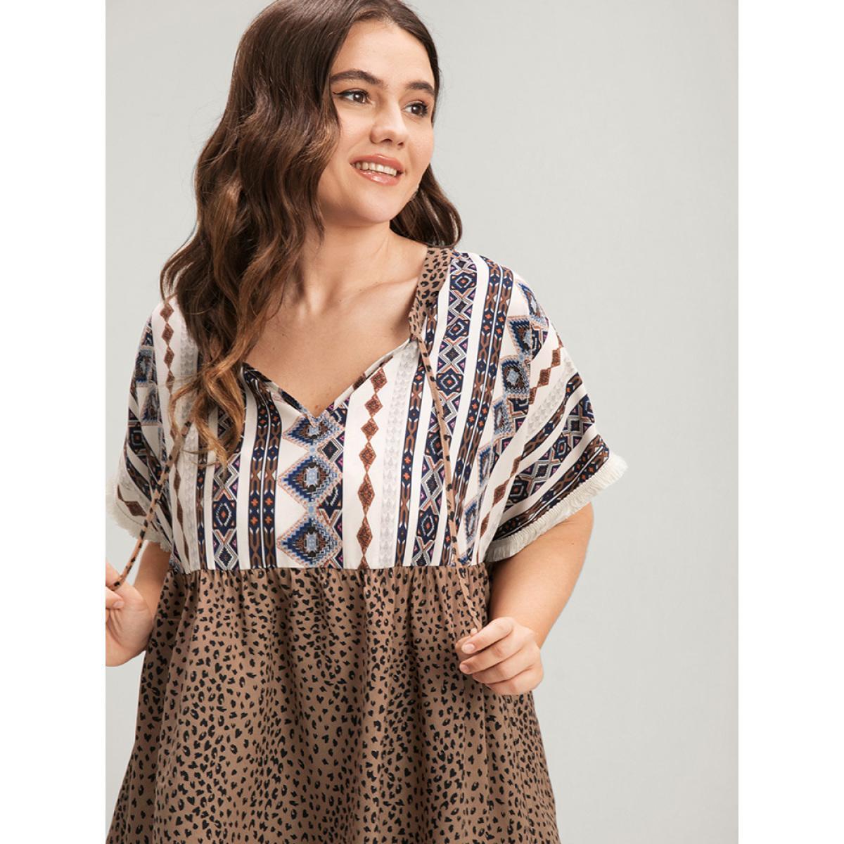 Plus Size DarkBrown Leopard Geometric Contrast Elastic Waist Ties Neck Blouse Women Vacation Short sleeve V-neck Dailywear Blouses BloomChic 14-16/1X Product Image