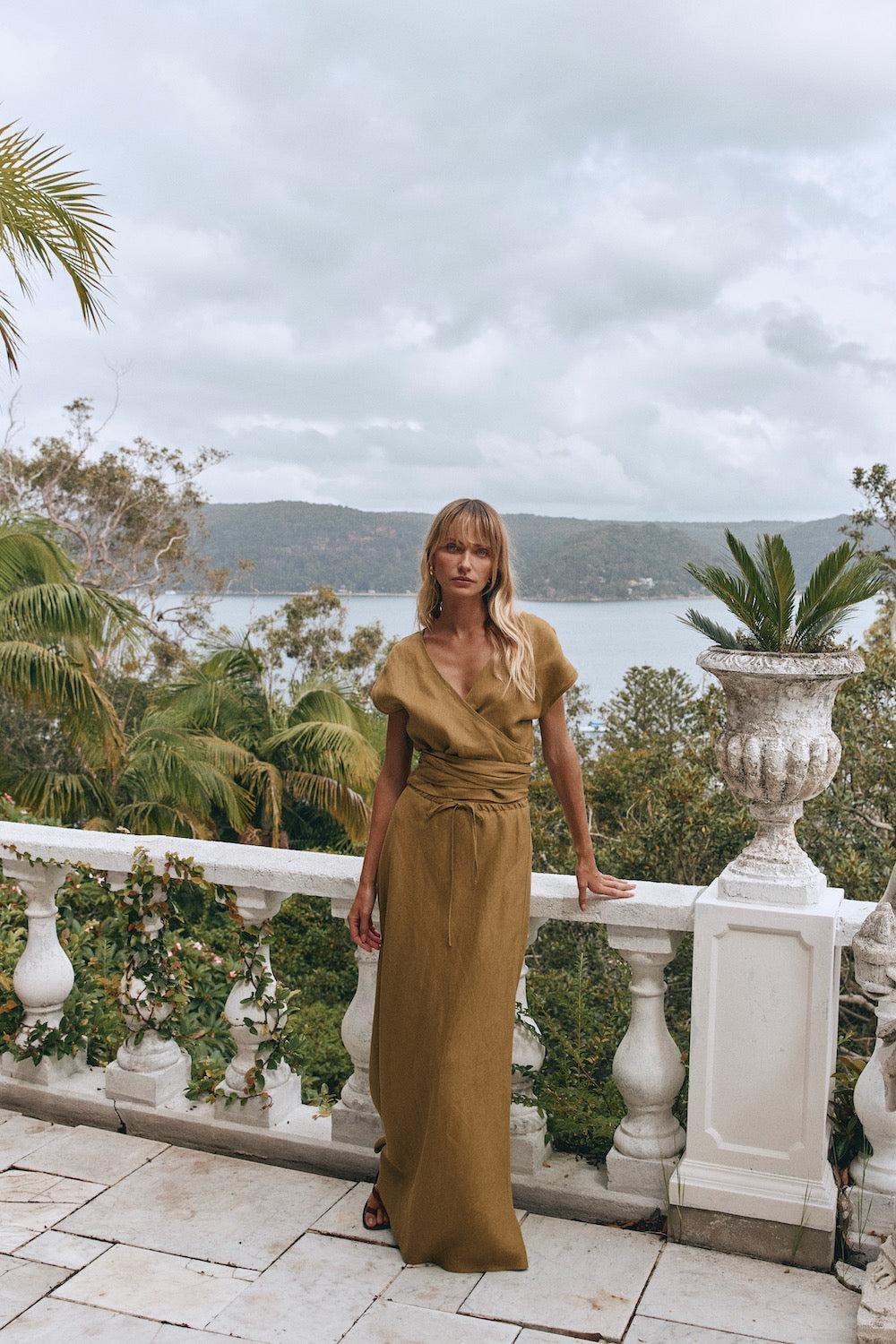 Aki Linen Maxi Skirt Olive Product Image