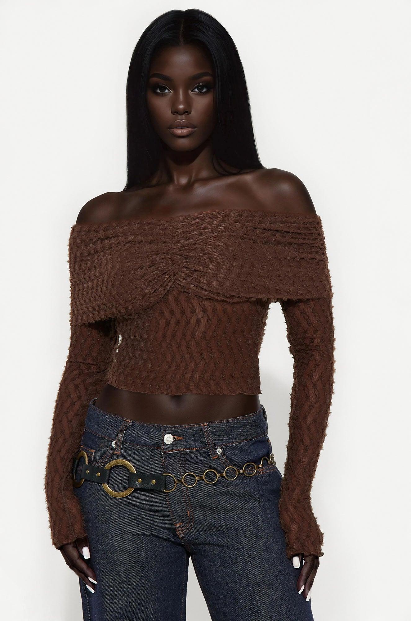 Minerva Off Shoulder Long Sleeve Top - Chocolate Product Image