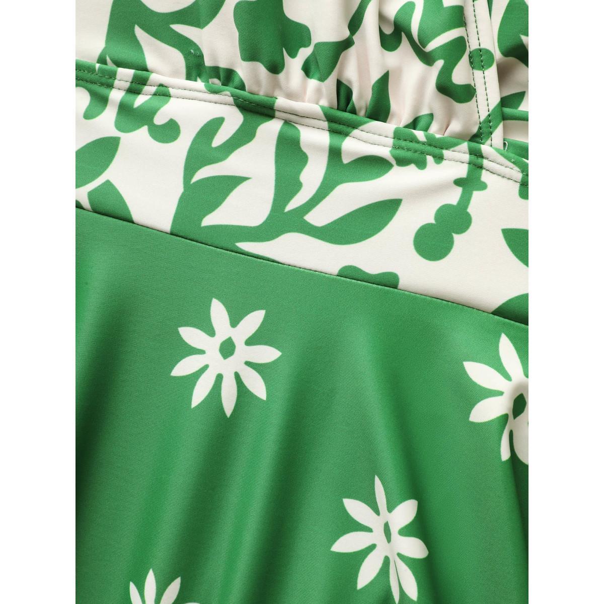 Plus Size Boho Print Overlap Collar Gathered Swim Dress Women's Swimwear Truegreen Beach Bodycon Overlap Collar High stretch Curve Swim Dresses BloomChic 28/5X Product Image