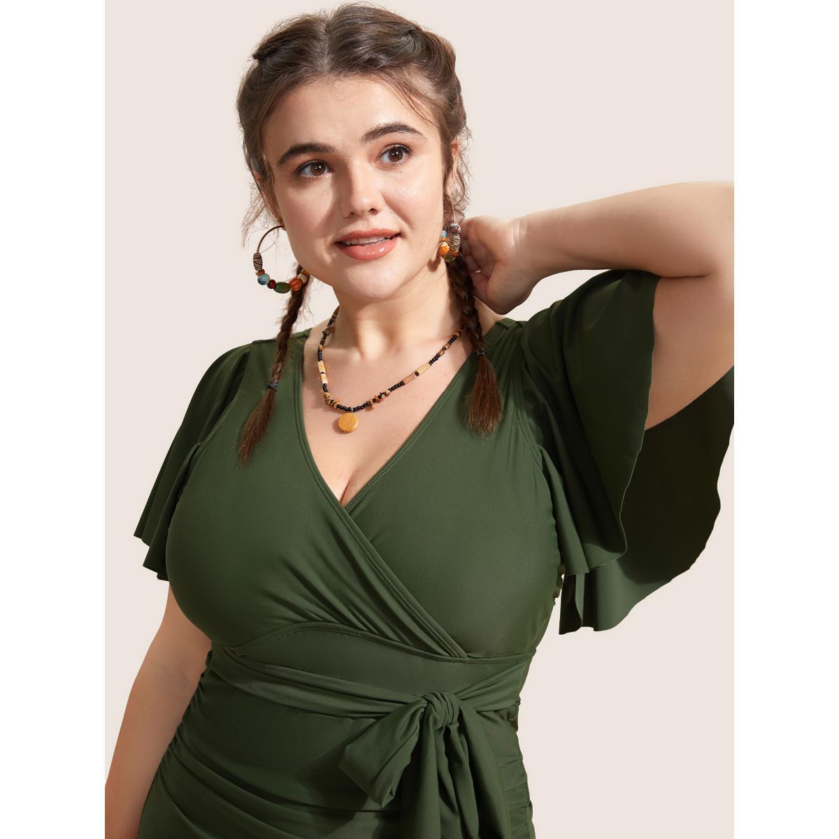 Plus Size Solid Overlap Collar Ruffle Sleeve One Piece Swimsuit Women's Swimwear ArmyGreen Beach Ruffles Curve Bathing Suits High stretch One Pieces BloomChic 26/4X Product Image