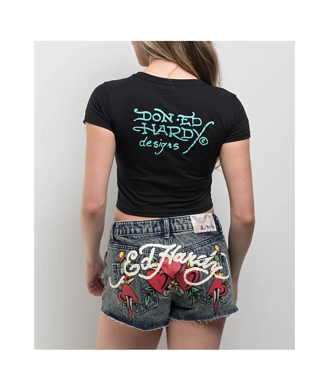 Ed Hardy Skull Butterfly Rhinestone Black Crop T-Shirt Product Image