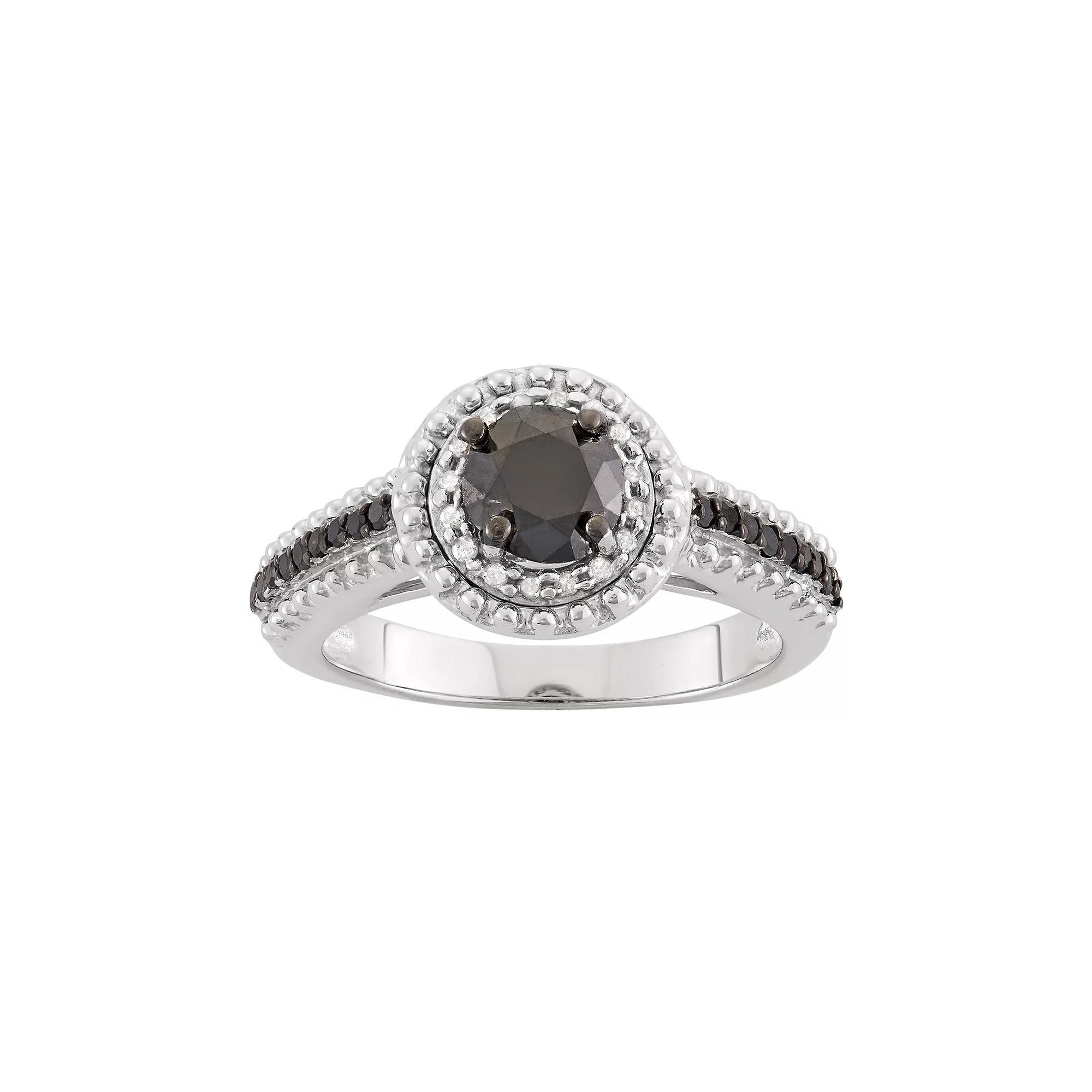 Jewelexcess 1 1/10 Carat T.W. Black & White Diamond Sterling Silver Double Halo Ring, Women's, Size: 6 Product Image