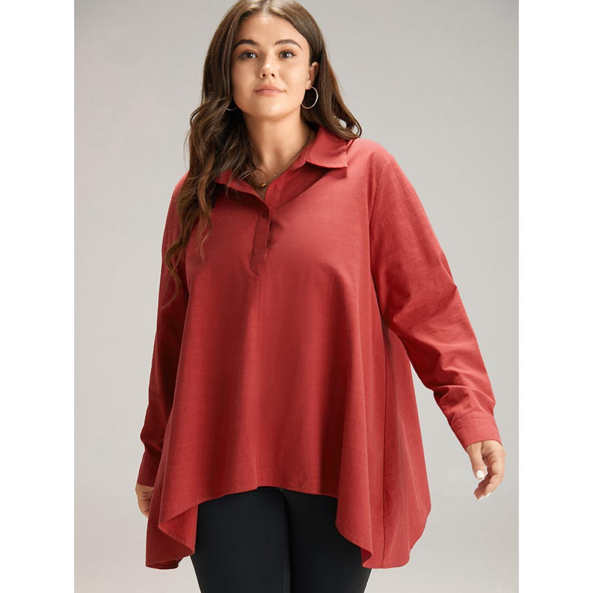 Plus Size Scarlet Cotton Curved Hem Button Down Blouse Women Office Long Sleeve Shirt collar Work Blouses BloomChic 18-20/2X Product Image