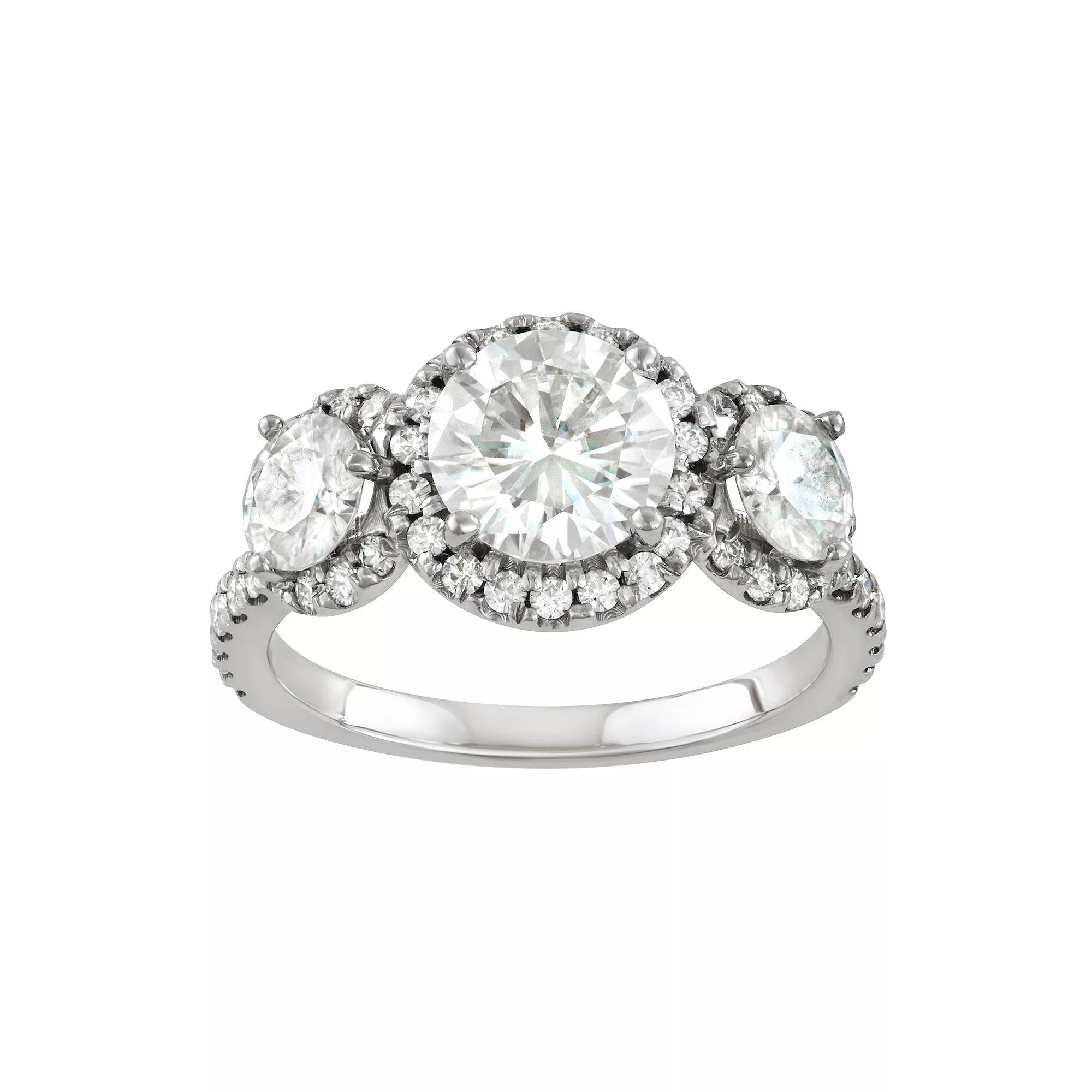 Charles & Colvard 14k White Gold 3 1/10 Carat T.W. Lab-Created Moissanite Three Stone Halo Ring, Women's, Size: 6 Product Image