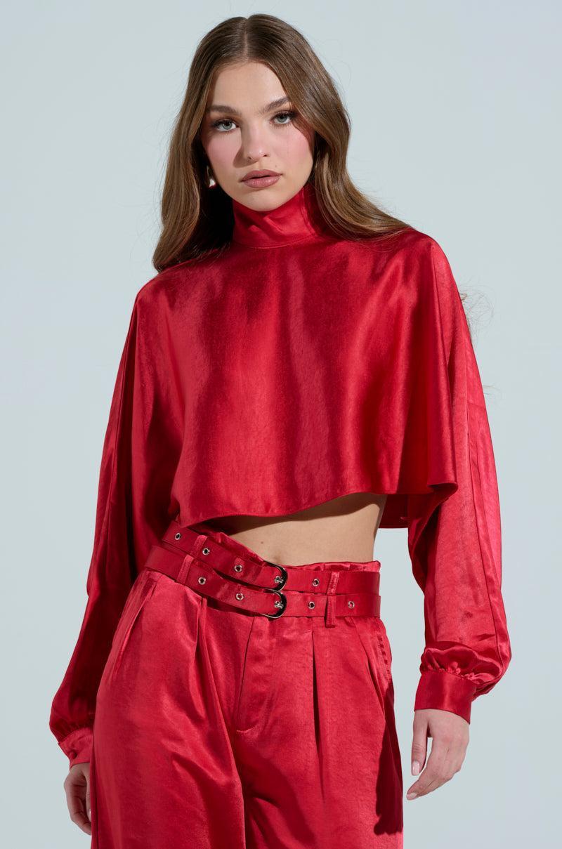 FEELIN' THE LOVE SATIN MOCK NECK BLOUSE IN RED Product Image