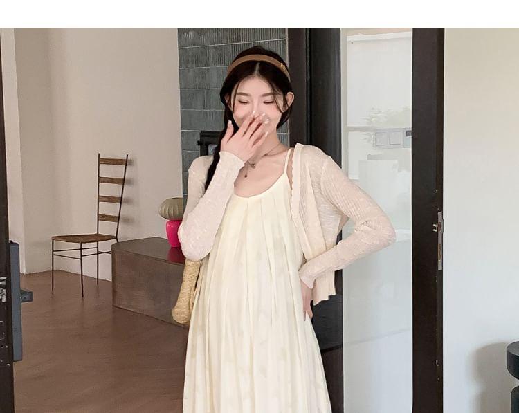Maternity Spaghetti Strap Scoop Neck Floral Maxi A-Line Dress / Plain Light Cardigan Product Image