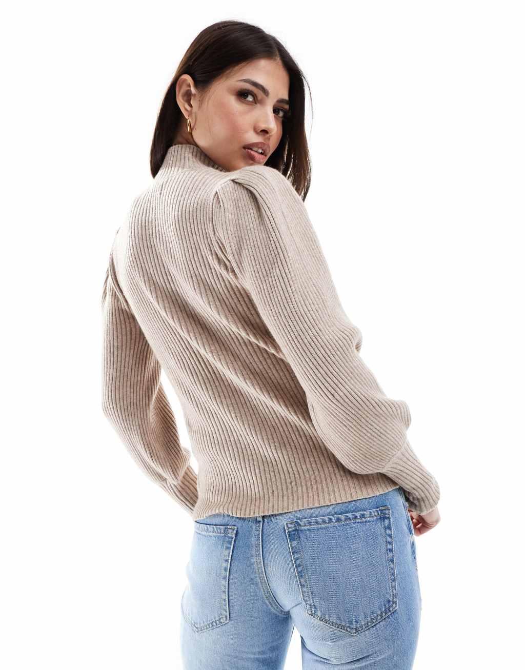 ONLY high neck puff sleeves sweater in light beige  Product Image