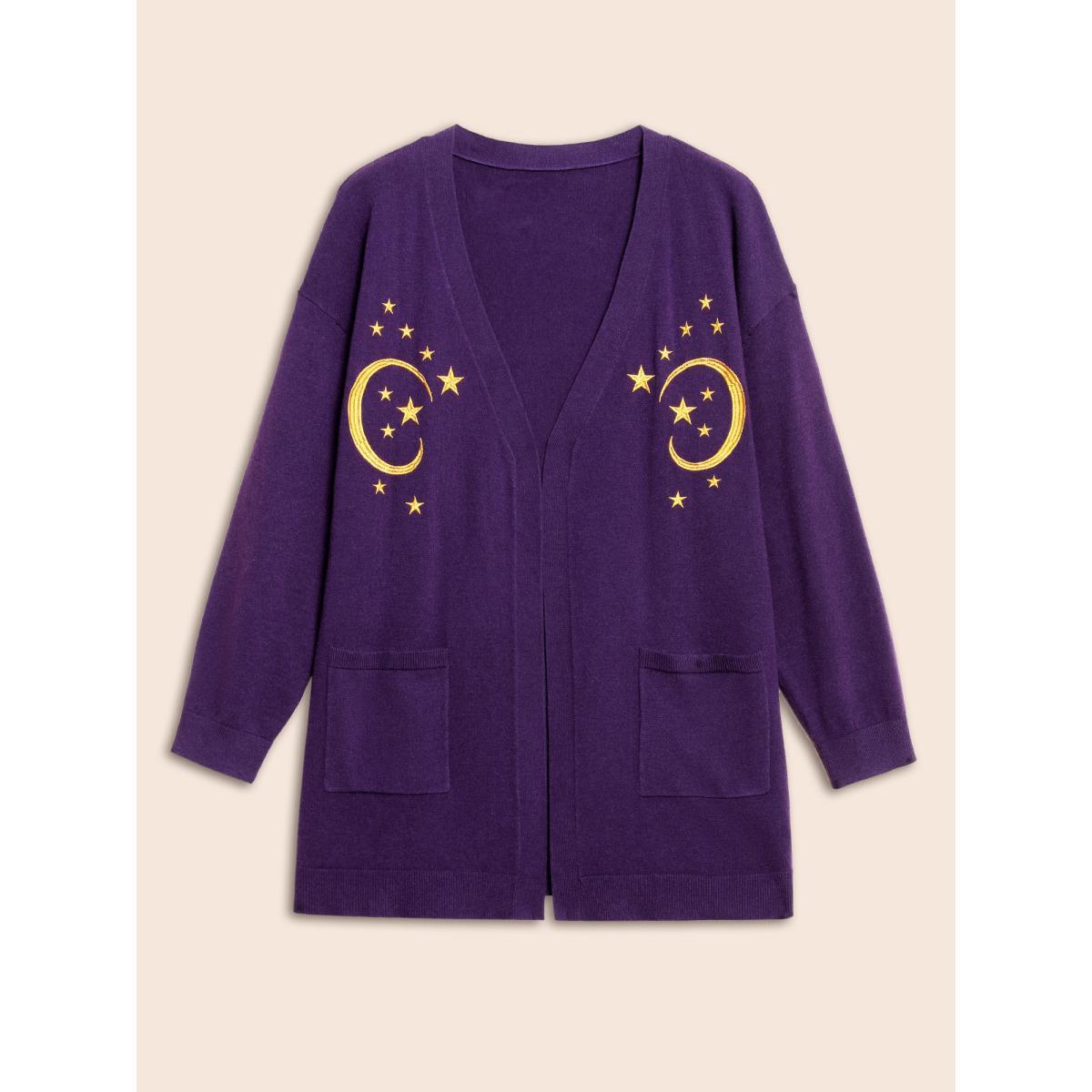 Plus Size Supersoft Essentials Celestial Embroidered Cardigan Eggplant Women Casual Loose Long Sleeve Everyday Cardigans BloomChic 12/L Product Image