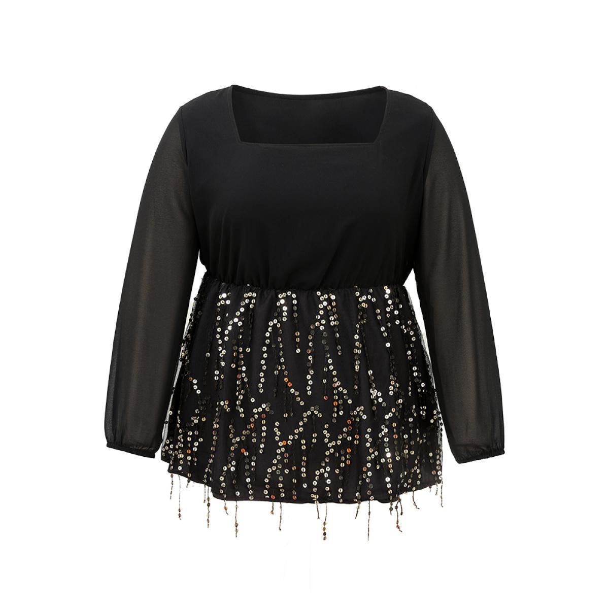 Plus Size Black Sequin Mesh Patchwork Square Neck Blouse Women Glamour Long Sleeve Square Neck Going out Blouses BloomChic 28/5X Product Image