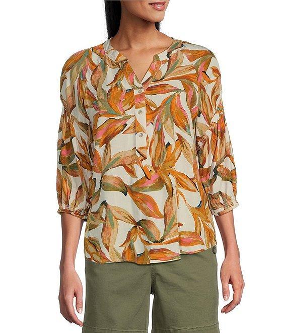 Westbound Woven Elbow Smock Sleeve Henley Blouse Product Image