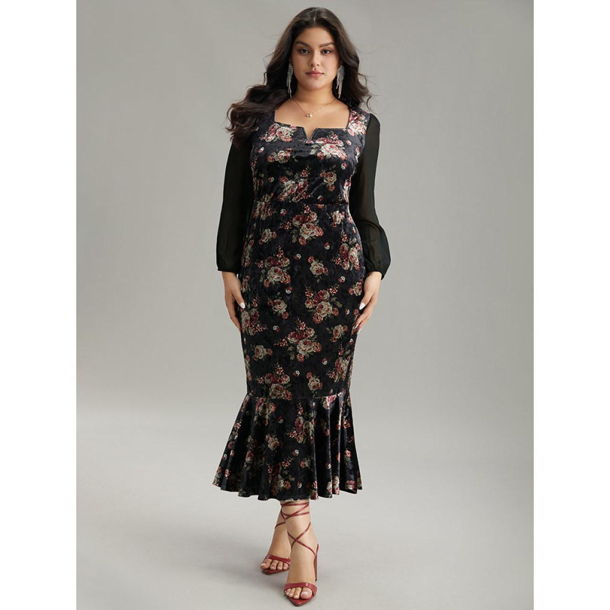 Plus Size Velvet Floral Notched Ruffles Mermaid Hem Dress Black Women Cocktail Velvet Notched collar Long Sleeve Curvy Midi Dress BloomChic 26/4X Product Image