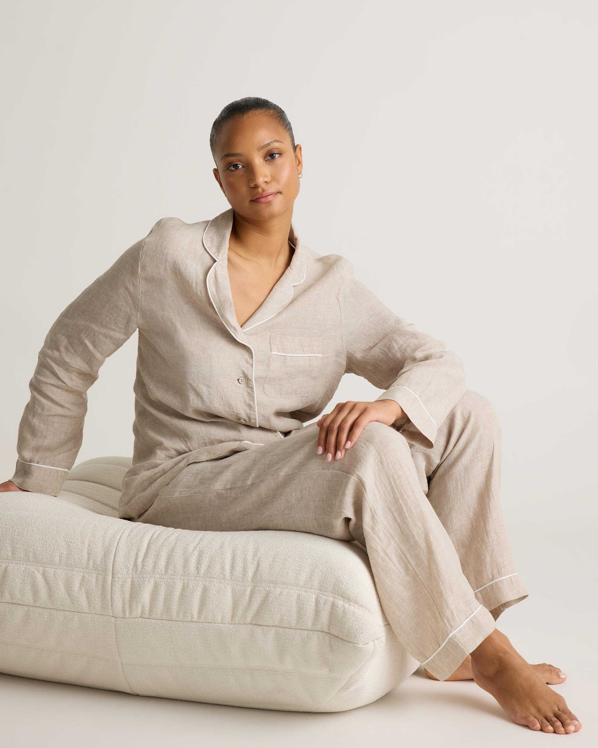 100% European Linen Long Sleeve Pajama Set with Piping Product Image