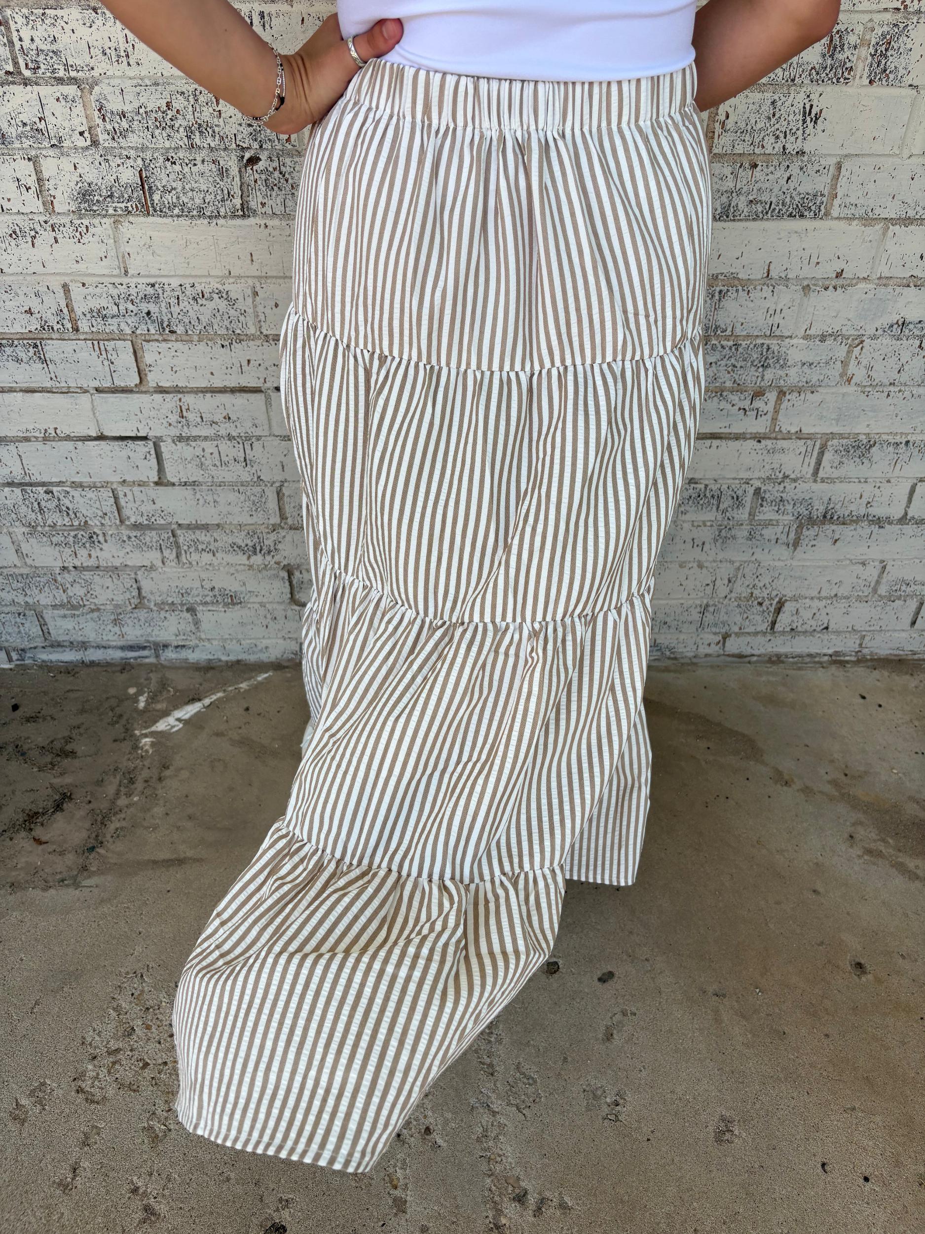 Bow Tie Tiered Taupe Stripe Maxi Skirt Product Image