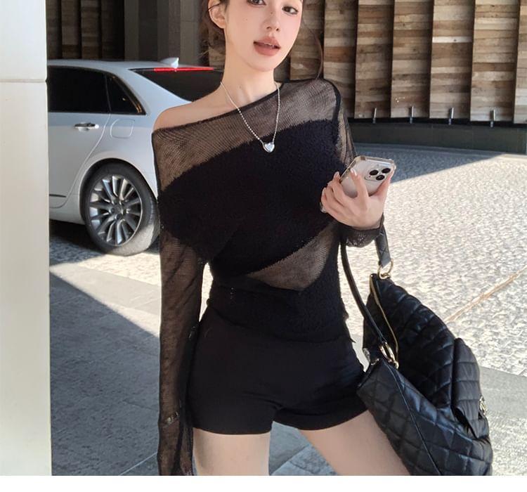 Long-Sleeve Off-Shoulder Plain Sheer Panel Slim Fit Knit Top / High Rise Wide Leg Pants Product Image