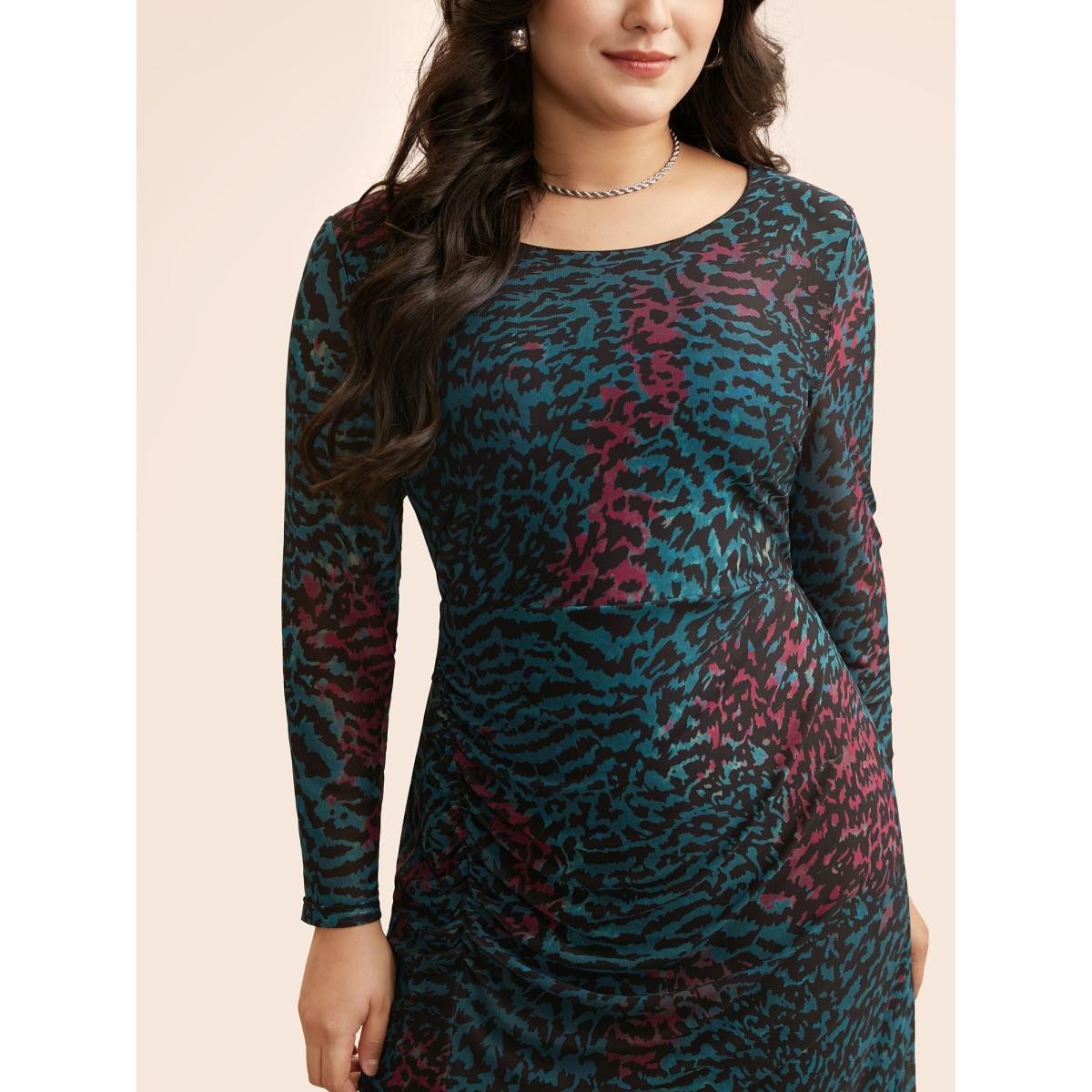 Plus Size Leopard Print Ruched Split Hem Dress Aegean Women Elegant Gathered Round Neck Long Sleeve Curvy BloomChic 22-24/3X Product Image