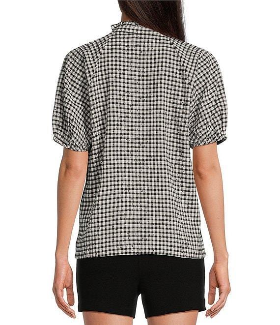 CeCe Woven Gingham Print Split V-Neck Short Sleeve Top Product Image