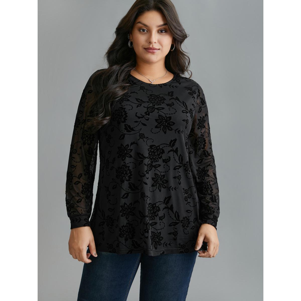 Plus Size Black Floral Flocking Sheer Sleeve Lined Knit Top Women Elegant Long Sleeve Round Neck Everyday Blouses BloomChic 28/5X Product Image