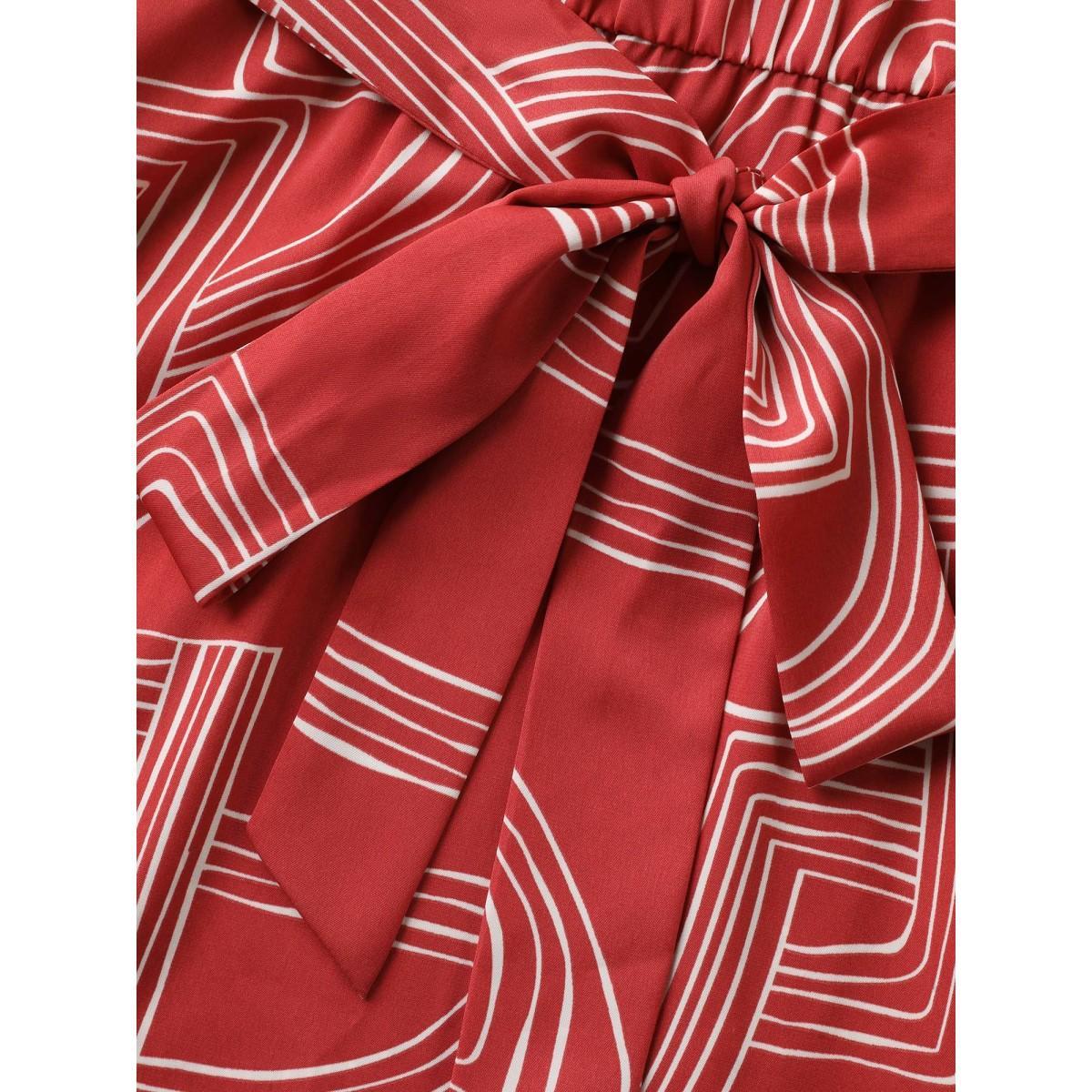 Plus Size Geometric Print Belted Pockets Midi Dress Maroon Women Notched collar Short sleeve Curvy BloomChic 14-16/1X Product Image