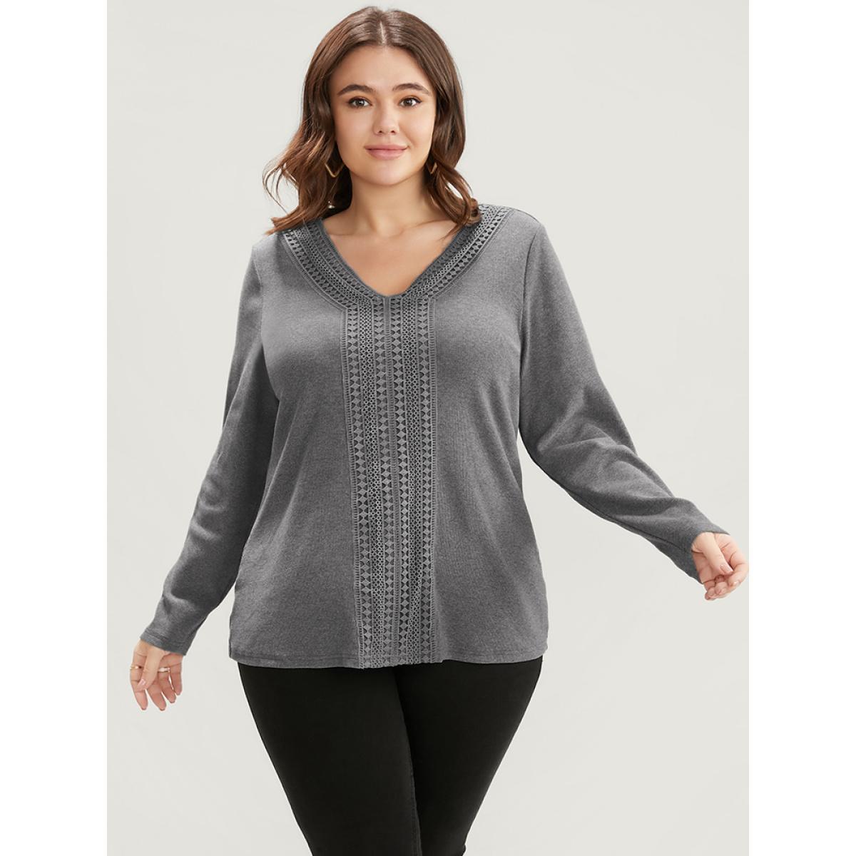 Plus Size Solid V Neck Crochet Lace Rib Knit Long Tee Gray Women Elegant Patchwork Plain V-neck Dailywear T-shirts BloomChic 12/L Product Image