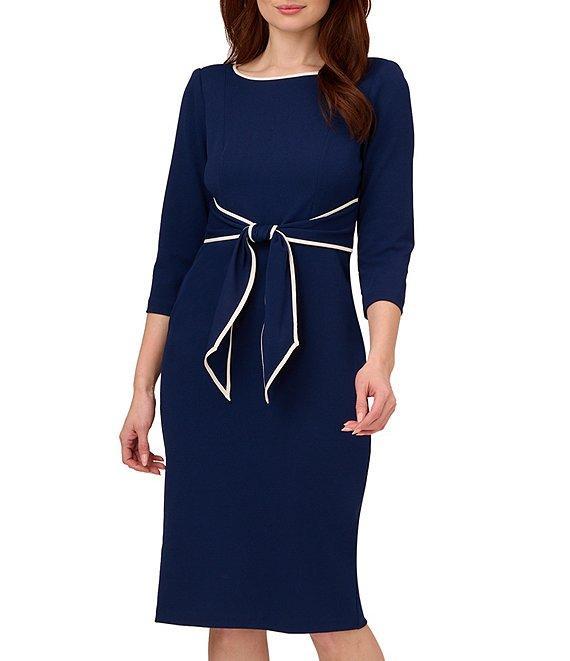 Adrianna Papell Contrasting Trim Boat Neck 3/4 Sleeve Tie Waist Crepe Sheath Dress Product Image