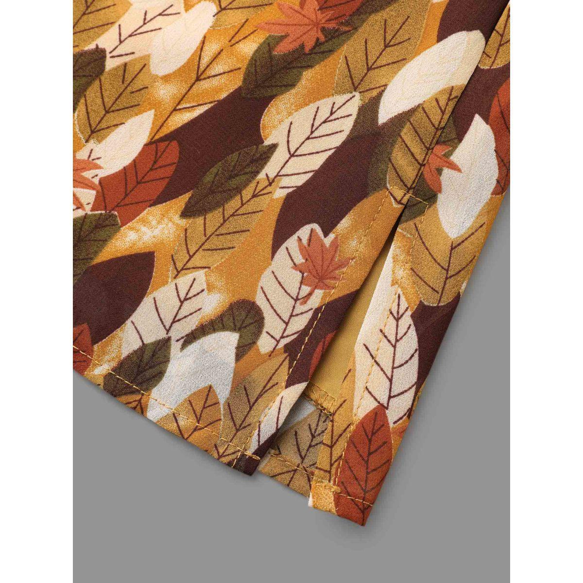 Plus Size Multicolor Leaves Print Ruffle Trim Slit Hem Blouse Women Elegant Long Sleeve V-neck Everyday Blouses BloomChic 22-24/3X Product Image