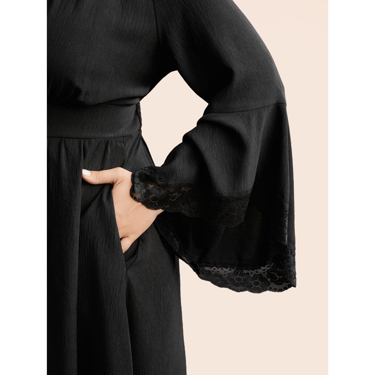 Plus Size Gothic Inspired Lotus Sleeves Midi Dress Black Women Cocktail Woven ribbon&lace trim Party Curvy Bloomchic 18-20/2X Product Image