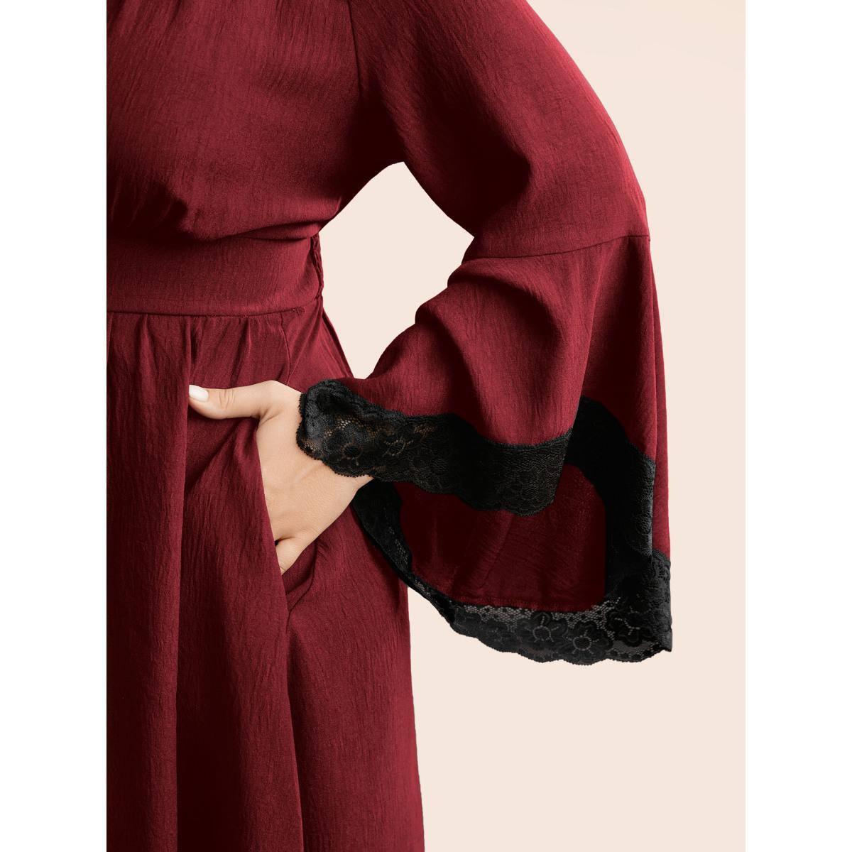 Plus Size Gothic Inspired Lotus Sleeves Midi Dress Deepred Women Cocktail Woven ribbon&lace trim Party Curvy Bloomchic 22-24/3X Product Image