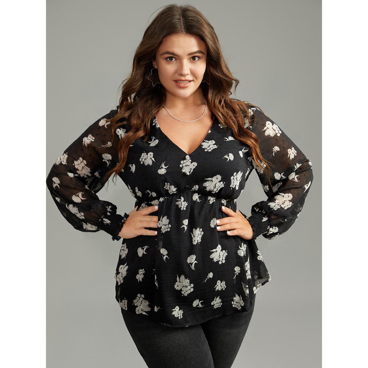 Plus Size BlackFlower Silhouette Floral Print Gathered Shirred Blouse Women Elegant Long Sleeve V-neck Dailywear Blouses BloomChic 28/5X Product Image