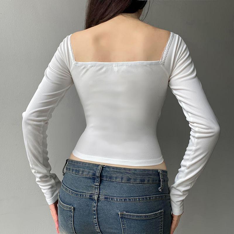 Long Sleeve Square-Neck Lace-Trim Plain Slim-Fit Crop Top Product Image