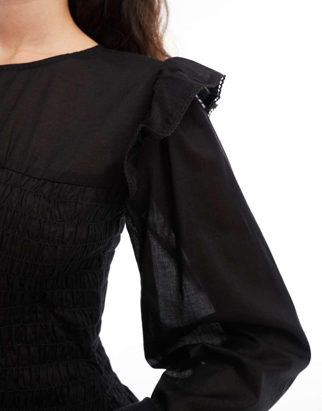 ASOS DESIGN shirred bodice blouse with eyelet trim detail in black Product Image