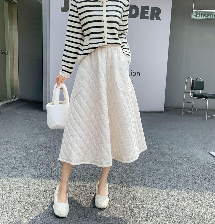 High Rise Plain Quilted Midi A-Line Skirt Product Image