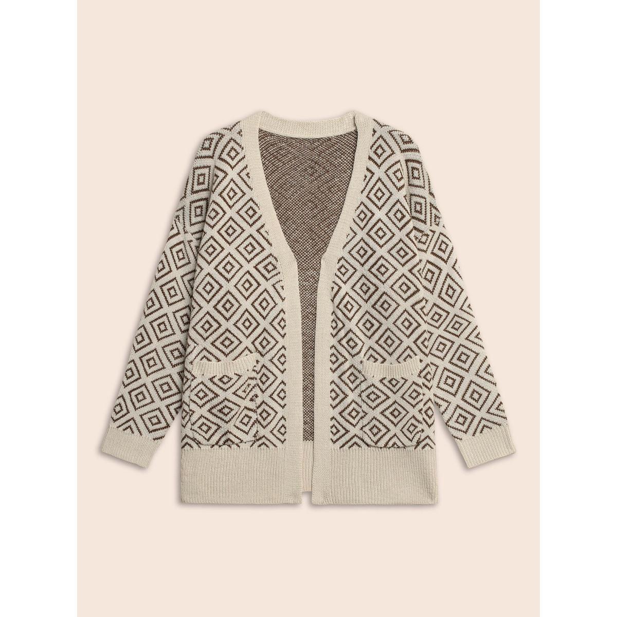 Plus Size Geometric Drop Shoulder Patch Pocket Cardigan WhiteSmoke Women Casual Loose Long Sleeve Everyday Cardigans BloomChic 18-20/2X Product Image