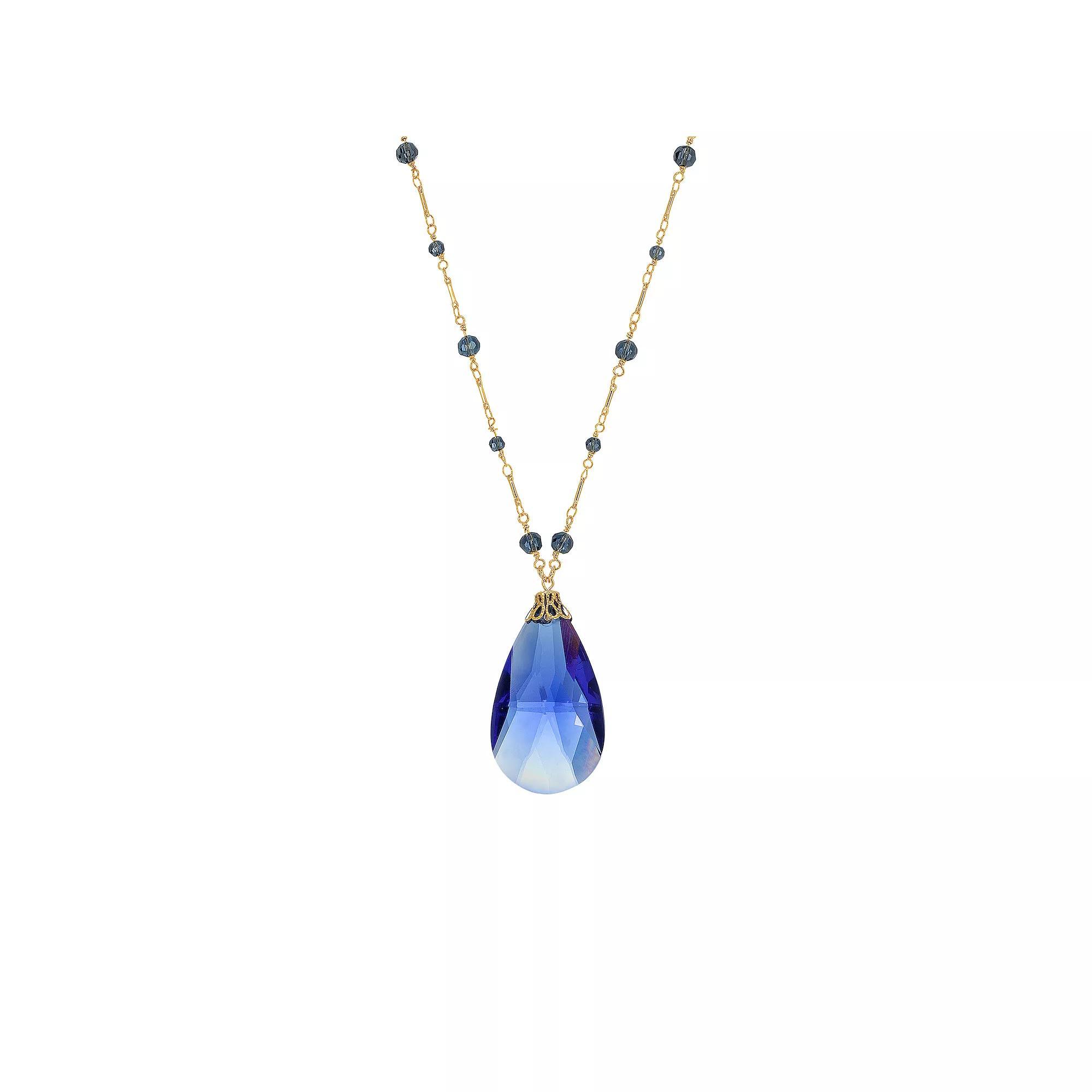 1928 Gold Tone Large Blue Briolette Pendant Necklace, Womens Product Image