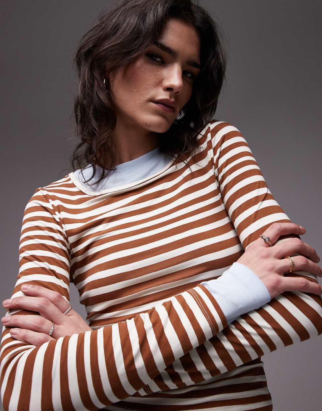 Topshop double layer jersey top in brown stripe Product Image