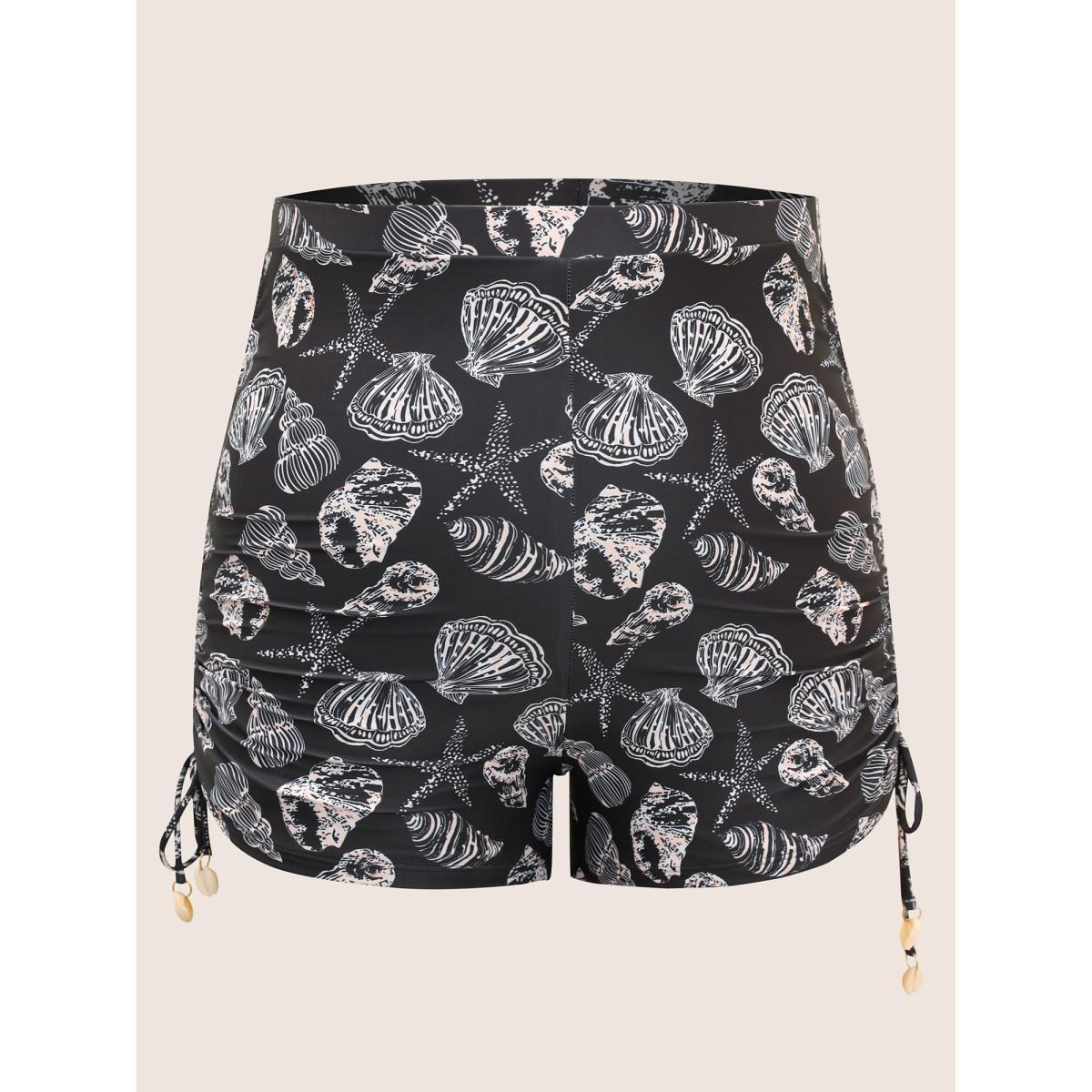 Plus Size Shell Print Drawstring Side Skinny Swim Bottom Women's Swimwear Black Beach Drawstring High stretch Skinny High Rise Curve Swim Bottoms BloomChic 12/L Product Image