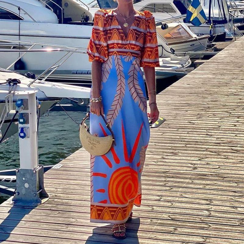 Elbow-Sleeve V-Neck Print Maxi A-Line Dress Product Image