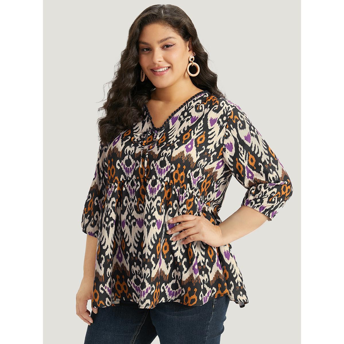 Plus Size Black Bandana Print Ties Pompom Trim Blouse Women Vacation Elbow-length sleeve V-neck Dailywear Blouses BloomChic 14-16/1X Product Image