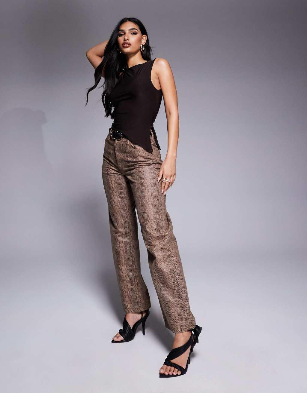 Kaiia slinky sleeveless asymmetric side split top in chocolate Product Image