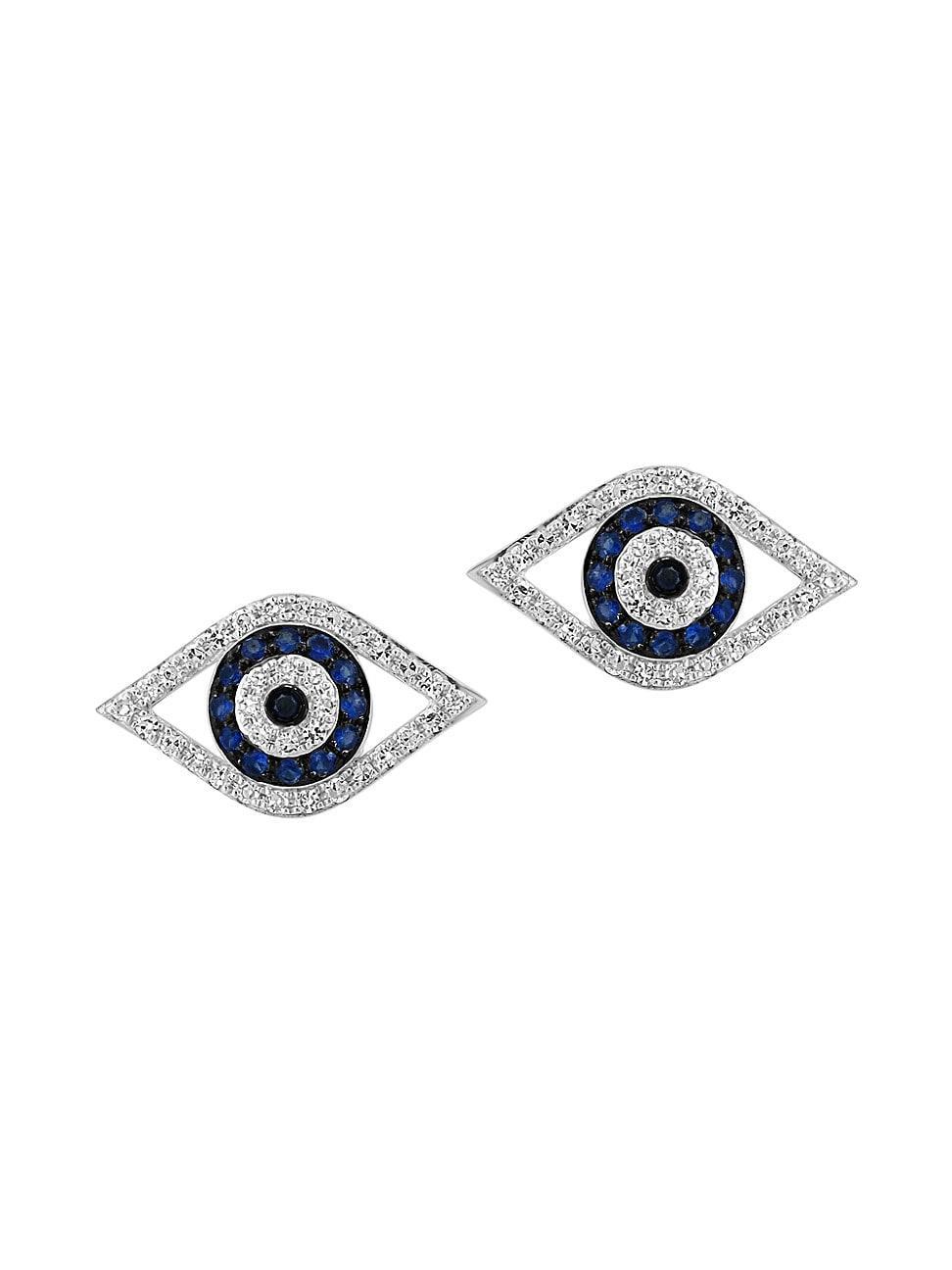 Womens 14K Yellow Gold, Blue Sapphire & 0.21 TCW Diamond Evil Eye Stud Earrings Product Image